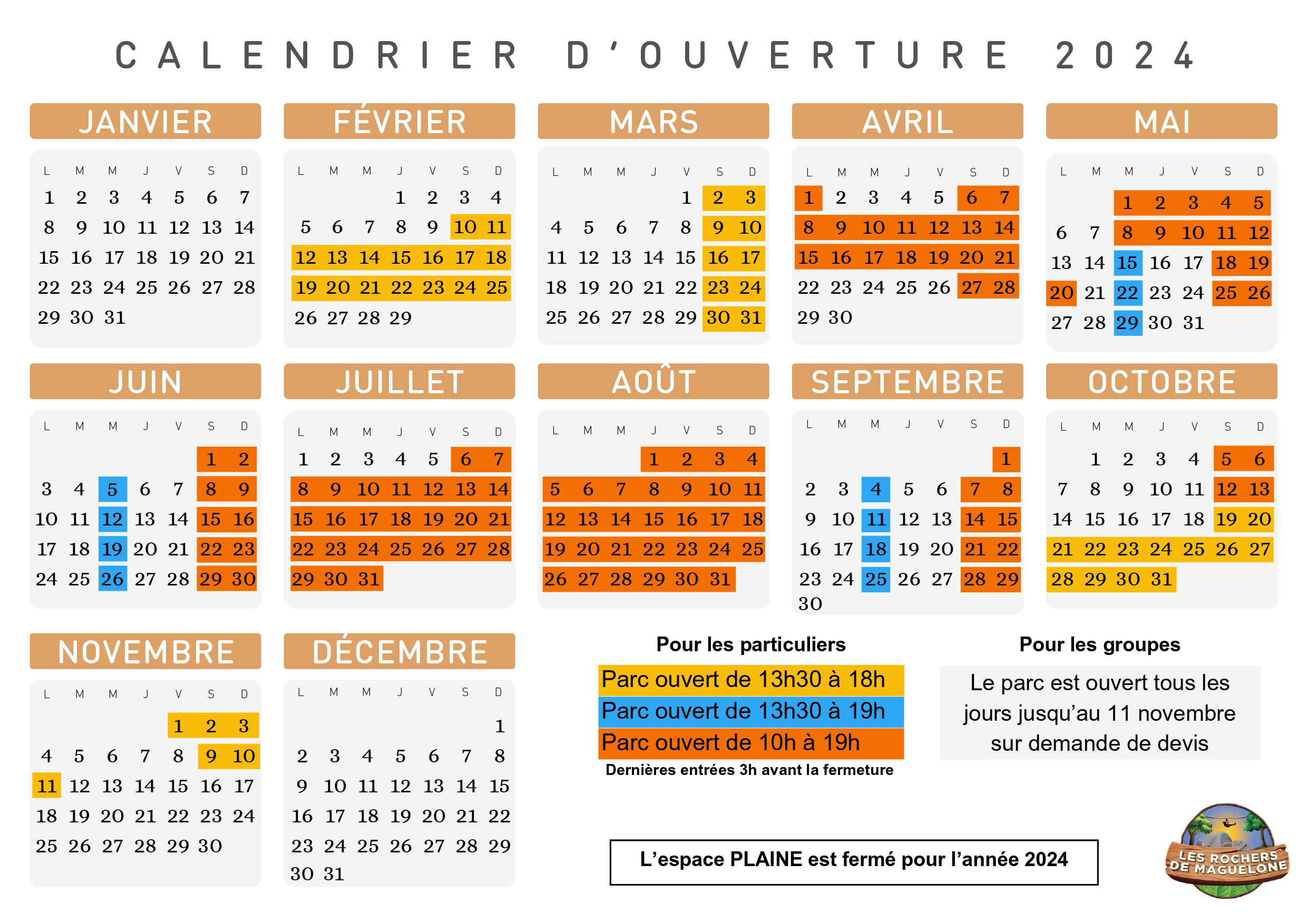 Calendrier d'ouverture 2024