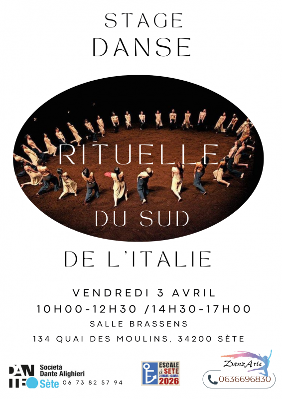 STAGES DE TARENTELLE (DANSES RITUELLES DU SUD DE L'ITALIE) DANS LE CADRE D'ESCALE À SÈTE 2026 - © DANZARTE STAGES DE TARENTELLE (DANSES RITUELLES DU SUD DE L'ITALIE) DANS LE CADRE D'ESCALE À SÈTE 2026