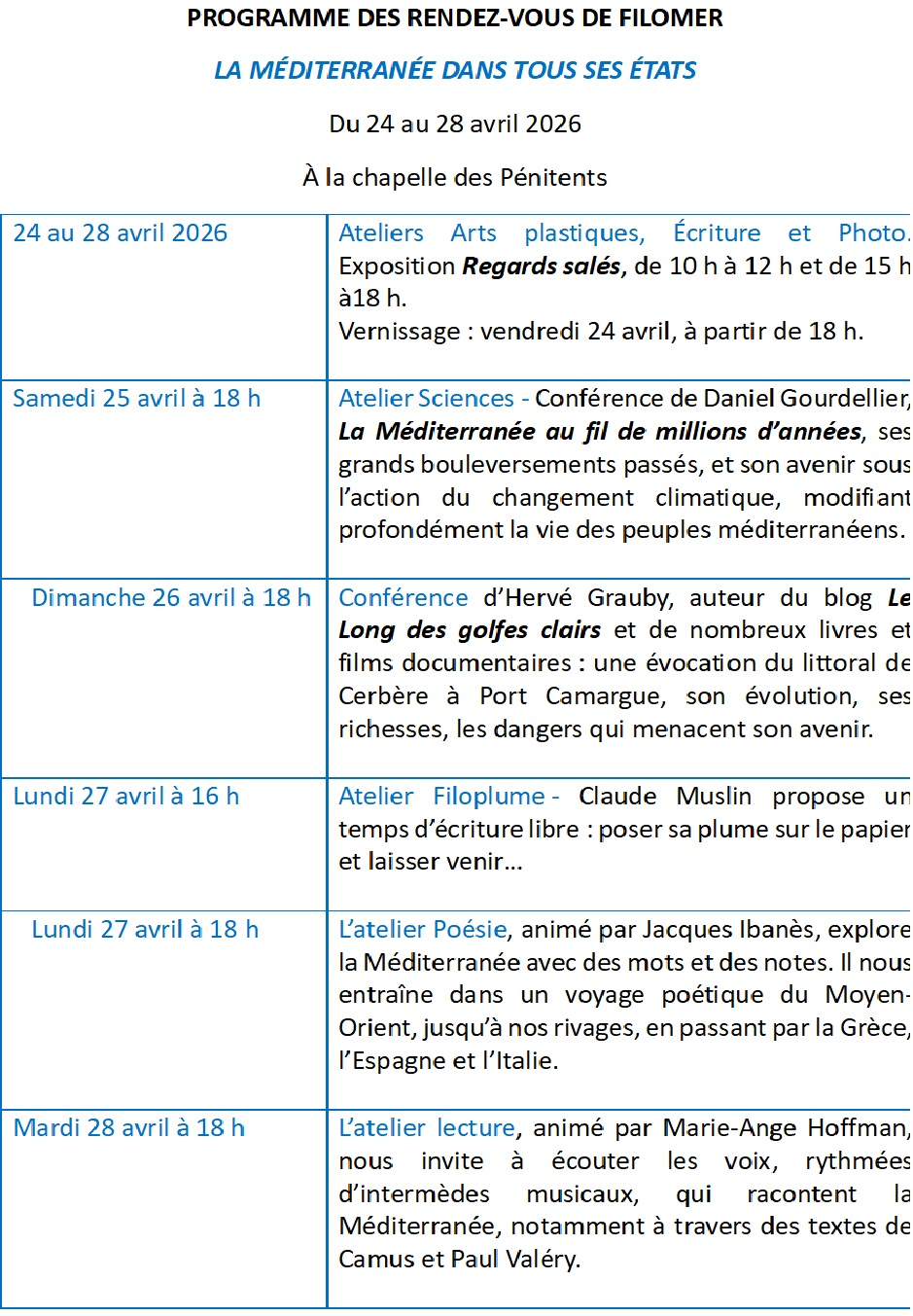 PROGRAMME DES RENDEZ-VOUS FILOMER